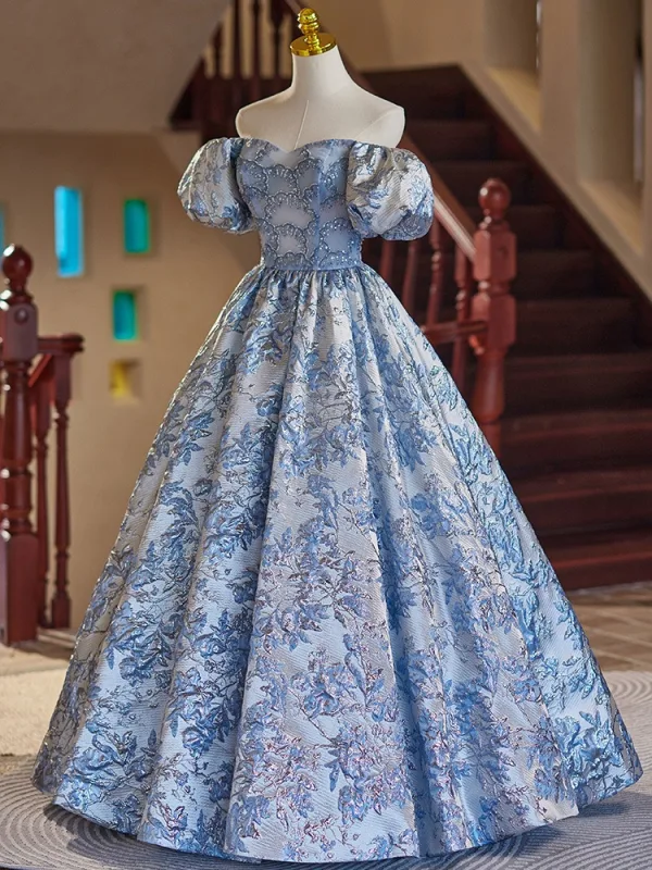 Chic / Beautiful Sky Blue Beading Sequins Lace Flower Prom Dresses 2024 Ball Gown Off-The-Shoulder Puffy Short Sleeve Backless Floor-Length / Long Prom Formal Dresses