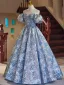 Chic / Beautiful Sky Blue Beading Sequins Lace Flower Prom Dresses 2024 Ball Gown Off-The-Shoulder Puffy Short Sleeve Backless Floor-Length / Long Prom Formal Dresses