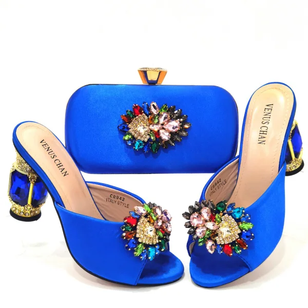 Chic / Beautiful Rhinestone Satin Purple Prom Womens Sandals Clutch Bags 2023 9 cm Open / Peep Toe Crystal Thick Heels Sandals High Heels Clutch Bags