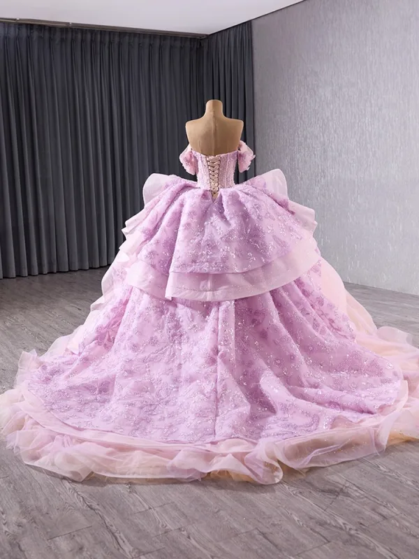 Haut de Gamme Charmant Rougissant Rose Perlage Perle Paillettes Robe De Bal 2025 Robe Boule De l'épaule Manches Courtes Dos Nu Noeud Chapel Train Promo