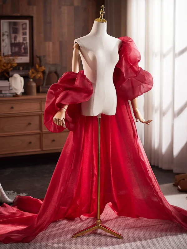 Fashion Burgundy Handmade Ruffle Short Sleeve Tulle Prom Shawls 2025