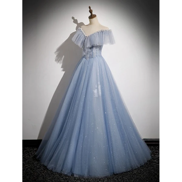 Charming Sky Blue Sequins Prom Dresses 2023 A-Line / Princess Pearl Rhinestone Off-The-Shoulder Sleeveless Backless Floor-Length / Long Prom Formal Dresses
