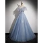 Charming Sky Blue Sequins Prom Dresses 2023 A-Line / Princess Pearl Rhinestone Off-The-Shoulder Sleeveless Backless Floor-Length / Long Prom Formal Dresses