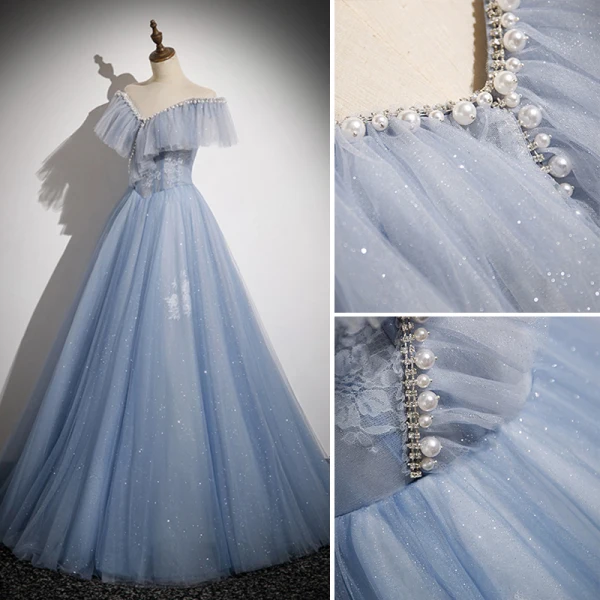 Charming Sky Blue Sequins Prom Dresses 2023 A-Line / Princess Pearl Rhinestone Off-The-Shoulder Sleeveless Backless Floor-Length / Long Prom Formal Dresses
