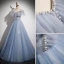 Charming Sky Blue Sequins Prom Dresses 2023 A-Line / Princess Pearl Rhinestone Off-The-Shoulder Sleeveless Backless Floor-Length / Long Prom Formal Dresses