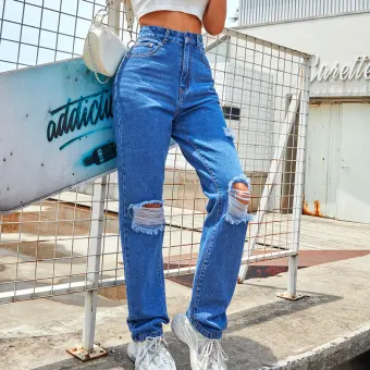 Ripped Women Denim Jeans 2021 Ocean Blue Straight Pants Floor Length Long Bottoms Street Wear