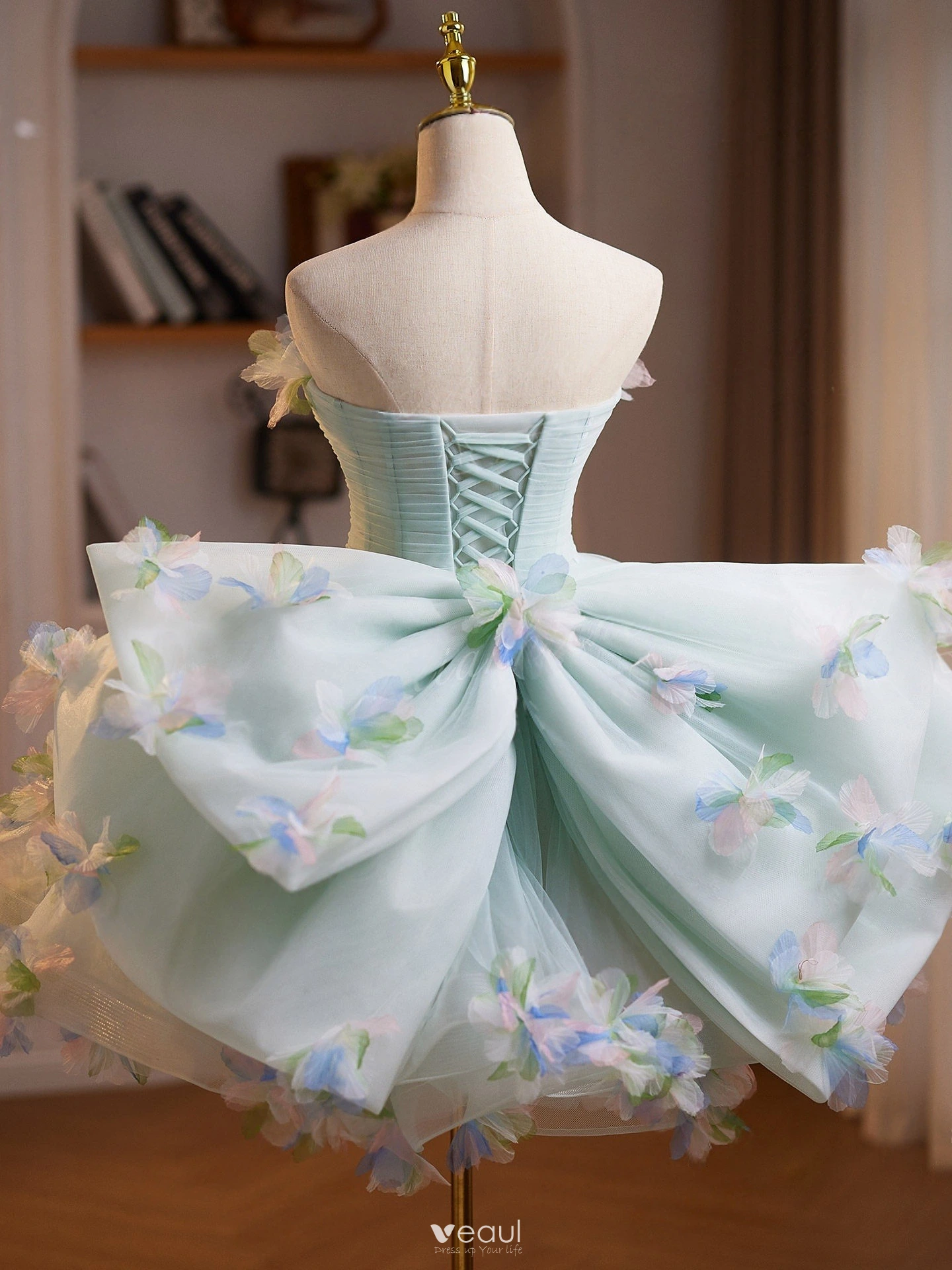 Fashion Sage Green Appliques Homecoming Short Graduation Dresses 2026 Ball  Gown Strapless Sleeveless Backless Formal Dresses