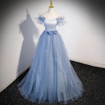 Chic Beautiful Sky Blue Sequins Rhinestone Prom Dresses 2023 A Line Princess Off The Shoulder Sleeveless Backless Bow Floor Length Long Formal Dresses