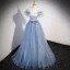 Schöne Himmelblau Pailletten Strass Ballkleider 2023 A Linie Off Shoulder Ärmellos Rückenfreies Schleife Lange Festliche Kleider