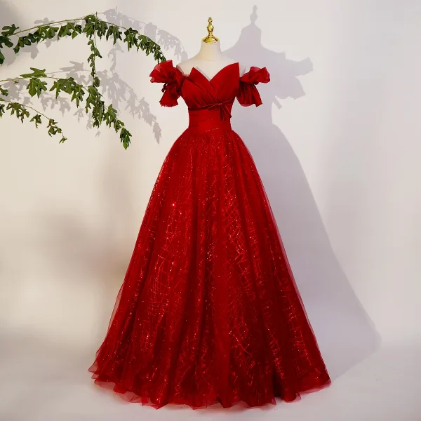 Élégant Rouge Perlage Paillettes Noeud Robe De Bal 2023 Robe Boule De l'épaule Manches Courtes Dos Nu Longue Promo Robe De Ceremonie