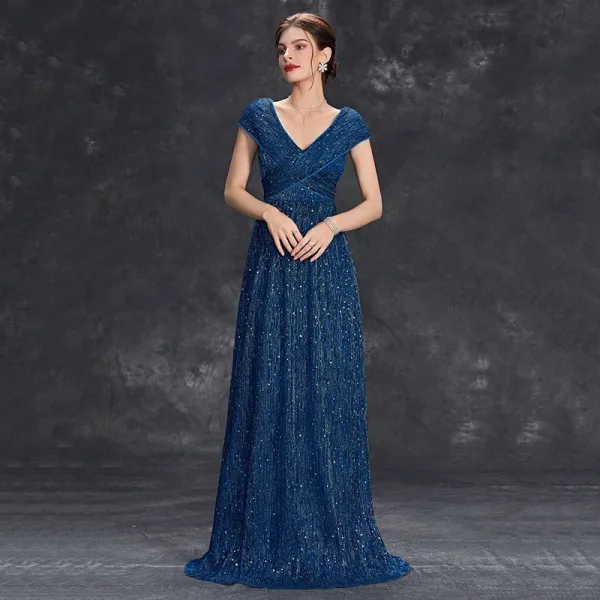 Sparkly Navy Blue Sequins Evening Dresses 2025 A-Line / Princess V-Neck Sleeveless Floor-Length / Long Evening Party Formal Dresses