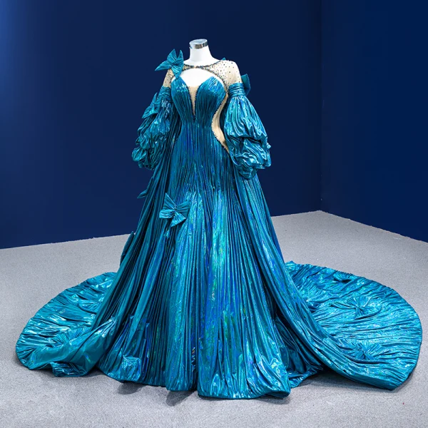 Luxury / Gorgeous Ocean Blue Beading Pearl Sequins Bow Pierced Prom Dresses 2022 Trumpet / Mermaid Scoop Neck Long Sleeve Backless Royal Train Prom Formal Dresses