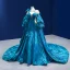 Luxury / Gorgeous Ocean Blue Beading Pearl Sequins Bow Pierced Prom Dresses 2022 Trumpet / Mermaid Scoop Neck Long Sleeve Backless Royal Train Prom Formal Dresses