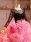 Unique Pink Fallende Rüsche Strass Ballkleider 2024 Ballkleid Rundhalsausschnitt Lange Ärmel Rückenfreies Kapelle-Schleppe Ball Festliche Kleider
