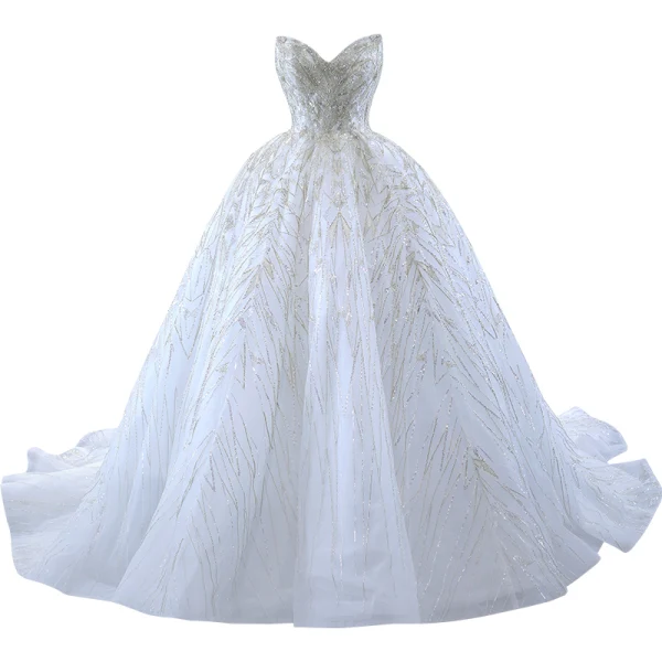 Luxus / Herrlich Charmant Weiß Glanz Perlenstickerei Pailletten Brautkleider / Hochzeitskleider 2023 Ballkleid Bandeau Ärmellos Rückenfreies Hof-Schleppe Hochzeit