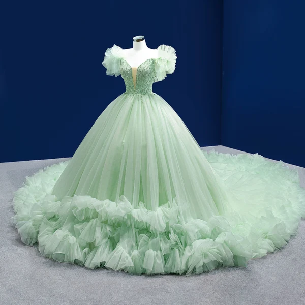 Luxe Vert Cendré Volants en Cascade Perlage Faux Diamant Paillettes Robe De Bal 2022 Robe Boule V-Cou Manches Courtes Dos Nu Royal Train Promo Robe De Ceremonie