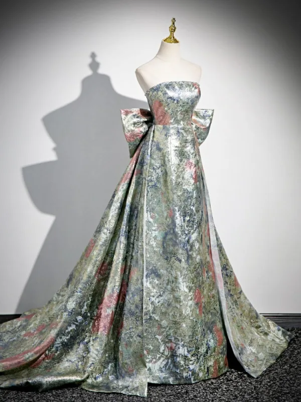 Fashion Multi-Colors Printing Prom Dresses 2024 A-Line / Princess Strapless Sleeveless Backless Bow Sweep Train Prom Formal Dresses