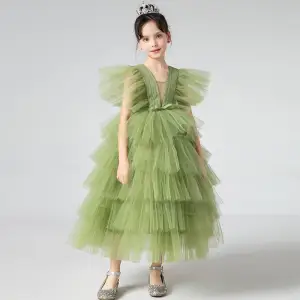 Chic Belle Vert Cendré Volants En Cascade Anniversaire Robe Ceremonie Fille 2022 Princesse V Cou Manches Courtes Dos Nu Longue Robe Ceremonie Fille