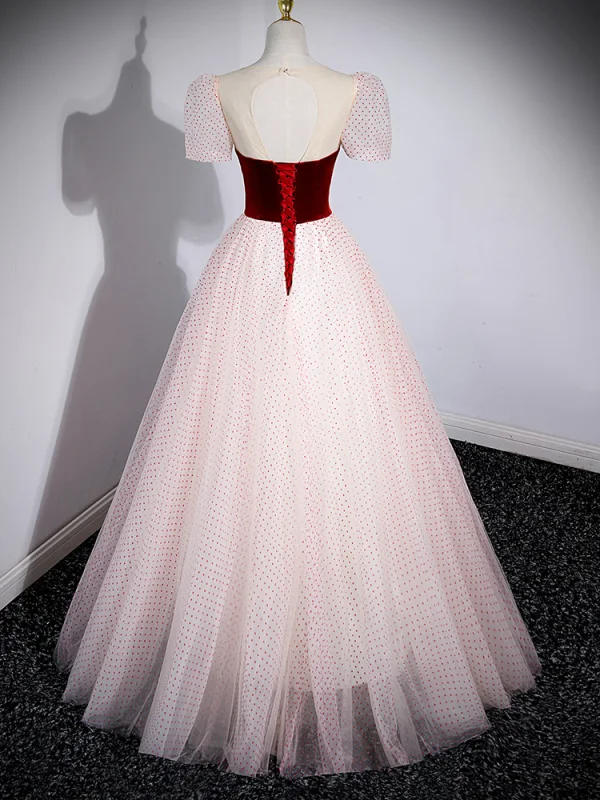 Elegant Burgundy Spotted Prom Dresses 2023 A-Line / Princess Scoop Neck Rhinestone Bow Short Sleeve Backless Floor-Length / Long Prom Formal Dresses