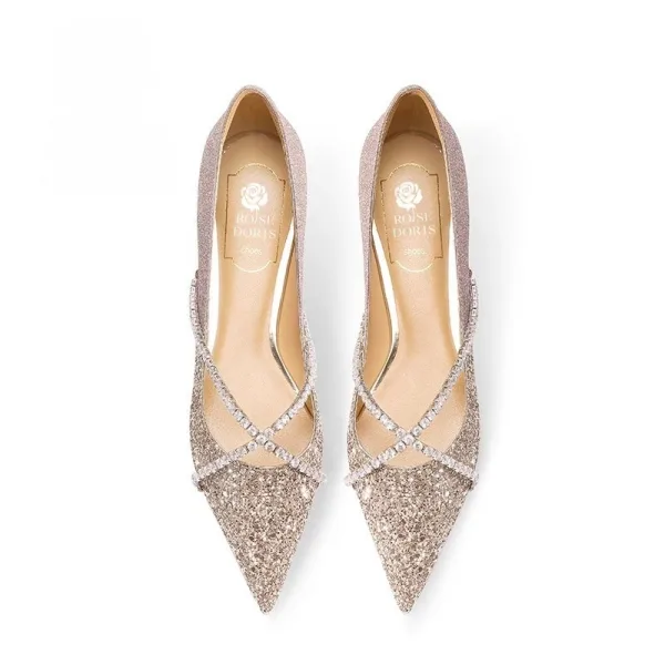 Sparkly Champagne Leather Flat Pointed Toe Wedding Shoes 2026 Wedding