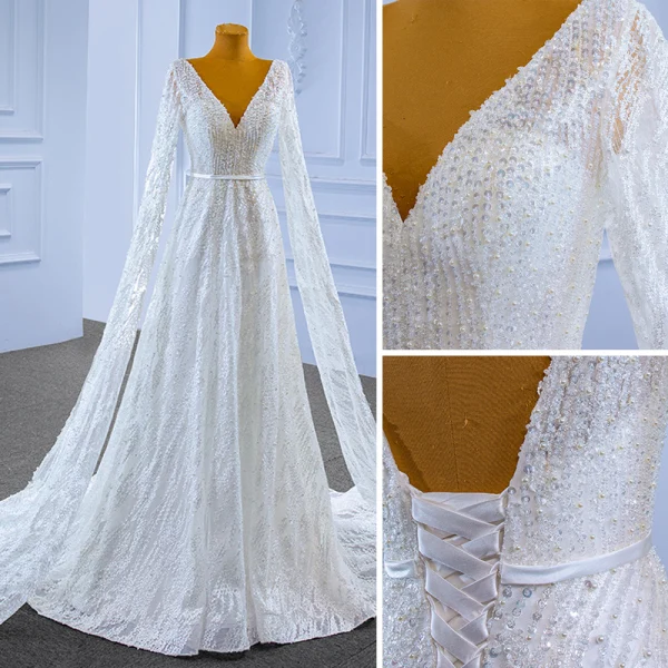 High End Weiß Perlenstickerei Pailletten Brautkleider / Hochzeitskleider 2022 A Linie Stoffgürtel V-Ausschnitt Lange Ärmel Rückenfreies Hof-Schleppe Hochzeit