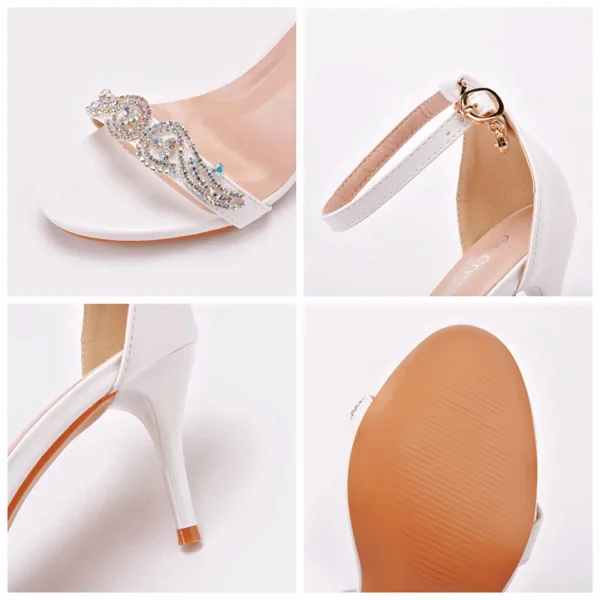Sexy Weiß Strass Brautschuhe 2022 Knöchelriemen 7 cm Stilettos Spitzschuh Hochzeit Hochhackige
