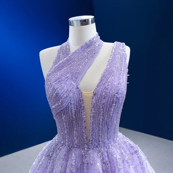 High End Charmant Lavendel Handgefertigt Perlenstickerei Pailletten Ballkleider 2023 Ballkleid Neckholder Ärmellos Rückenfreies Hof-Schleppe Ball Festliche Kleider