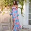 Confortable Bleu Été Vacances Plage Impression Robes longues 2022 Princesse Bretelles Spaghetti Manches Longues Dos Nu Fendue devant Longue Femme Robes