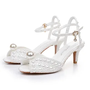 Chic Belle Blanche Perle Chaussure De Mariée 2025 Bride Cheville 6 Cm Talons Aiguilles Peep Toes Bout Ouvert Mariage Sandales Talons Hauts