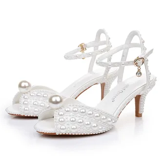 Chic Belle Blanche Perle Chaussure De Mariée 2025 Bride Cheville 6 Cm Talons Aiguilles Peep Toes Bout Ouvert Mariage Sandales Talons Hauts