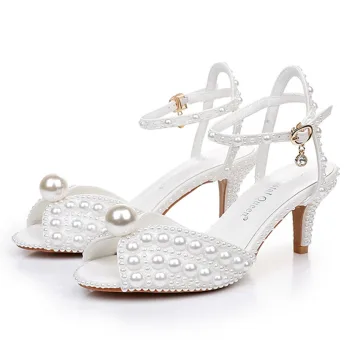 Chic Belle Blanche Perle Chaussure De Mariée 2025 Bride Cheville 6 Cm Talons Aiguilles Peep Toes Bout Ouvert Mariage Sandales Talons Hauts