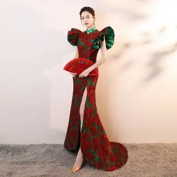 Kinesisk Stil Burgundy Utskrift Afton Cheongsam 2026 Trumpet Sjöjungfru Hög Hals Pösigt Korta Ärm Svep Tåg