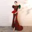 Chinese style Burgundy Printing Evening Party Cheongsam 2026 Trumpet / Mermaid High Neck Puffy Short Sleeve Sweep Train