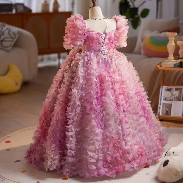 Flower Fairy Candy Pink Appliques Rhinestone Birthday Flower Girl Dresses 2025 Ball Gown Square Neckline Short Sleeve Backless Floor-Length / Long