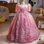 Flower Fairy Candy Pink Appliques Rhinestone Birthday Flower Girl Dresses 2025 Ball Gown Square Neckline Short Sleeve Backless Floor-Length / Long