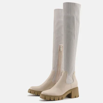 Fashion Beige Street Wear Sock Boots Womens Boots 2023 6 Cm Thick Heels Round Toe Boots