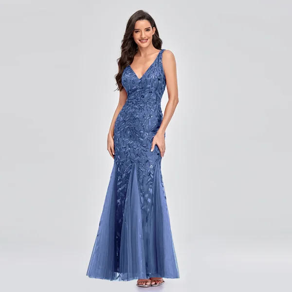 Chic / Beautiful Burgundy Sequins Evening Dresses 2023 Trumpet / Mermaid V-Neck Sleeveless Backless Floor-Length / Long Evening Party Formal Dresses
