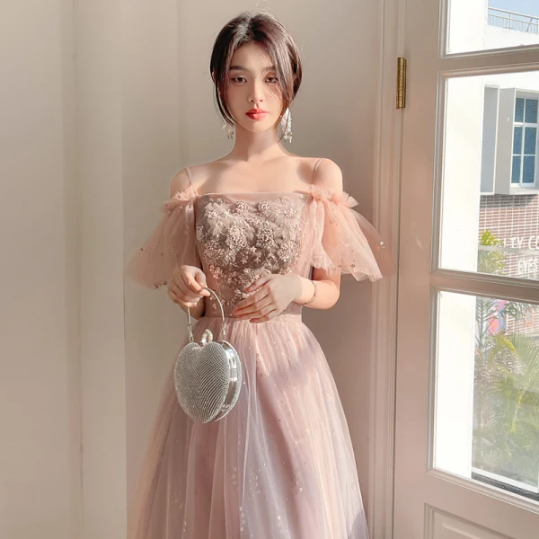 Chic / Beautiful Dusky Pink Pearl Rhinestone Sequins Bridesmaid Dresses 2022 A-Line / Princess Short Sleeve Backless Floor-Length / Long Bridesmaid