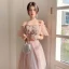 Chic / Beautiful Dusky Pink Pearl Rhinestone Sequins Bridesmaid Dresses 2022 A-Line / Princess Short Sleeve Backless Floor-Length / Long Bridesmaid