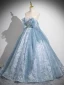 Chic / Beautiful Sky Blue Lace Flower Sequins Prom Dresses 2024 A-Line / Princess Strapless Sleeveless Backless Floor-Length / Long Prom Formal Dresses