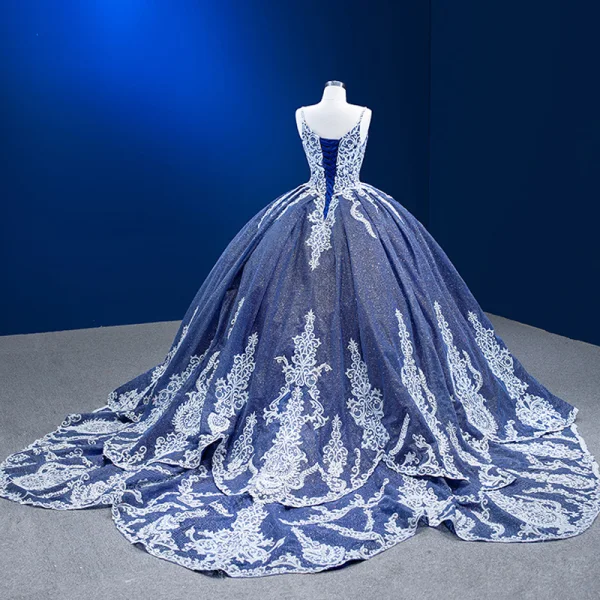 High-end Ocean Blue Glitter Beading Lace Flower Prom Dresses 2023 Ball Gown Spaghetti Straps Sleeveless Backless Floor-Length / Long Prom Formal Dresses