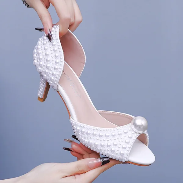 Elegant White Pearl 6 cm Stiletto Heels Prom Womens Sandals 2025 Open / Peep Toe Sandals High Heels