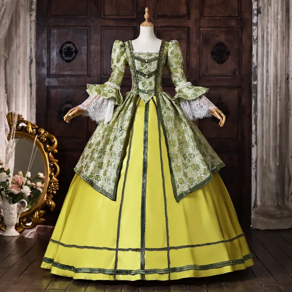 Vintage / Originale Médiévale Inhabituel Vert Cendré En Dentelle Fleur Impression Robe De Bal 2026 Robe Boule Encolure Carrée Manches de cloche Dos Nu Longue Robe De Ceremonie