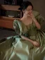 Elegant Sage Green Satin Prom Dresses 2025 Ball Gown Square Neckline Puffy Short Sleeve Backless Floor-Length / Long Prom Formal Dresses