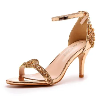 Sexy Champagne Evening Party Rhinestone Womens Sandals 2023 Ankle Strap 7 Cm Stiletto Heels Open Peep Toe Sandals High Heels