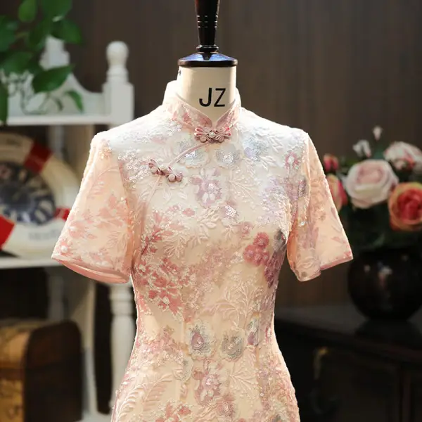 Chic / Beautiful Blushing Pink Lace Flower Sequins Evening Party Cheongsam 2024 Trumpet / Mermaid High Neck Short Sleeve Tea-length