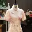 Chic / Beautiful Blushing Pink Lace Flower Sequins Evening Party Cheongsam 2024 Trumpet / Mermaid High Neck Short Sleeve Tea-length