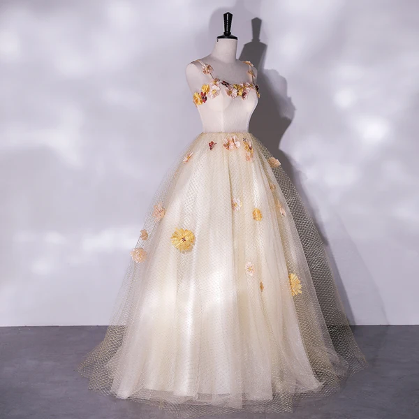Flower Fairy Champagne Lace Flower Appliques Prom Dresses 2022 A-Line / Princess Spaghetti Straps Sleeveless Backless Floor-Length / Long Prom Formal Dresses
