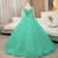 Elegant Mint Green Beading Sequins Pearl Lace Flower Appliques Prom Dresses 2024 Ball Gown V-Neck 3/4 Sleeve Backless Floor-Length / Long Prom