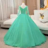 Elegant Mint Green Beading Sequins Pearl Lace Flower Appliques Prom Dresses 2024 Ball Gown V-Neck 3/4 Sleeve Backless Floor-Length / Long Prom